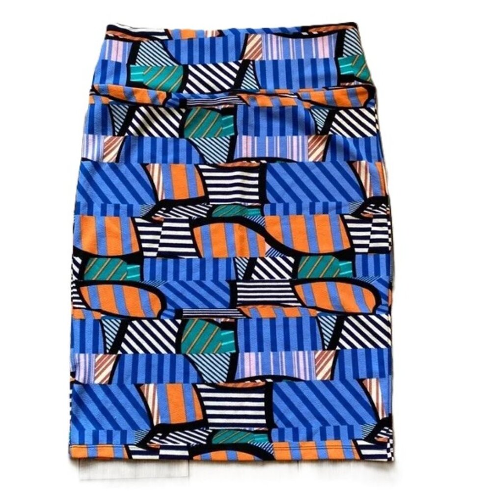 LuLaRoe Cassie Pencil Skirt Large Multicolor Geometric Stripe Festive Pull On St